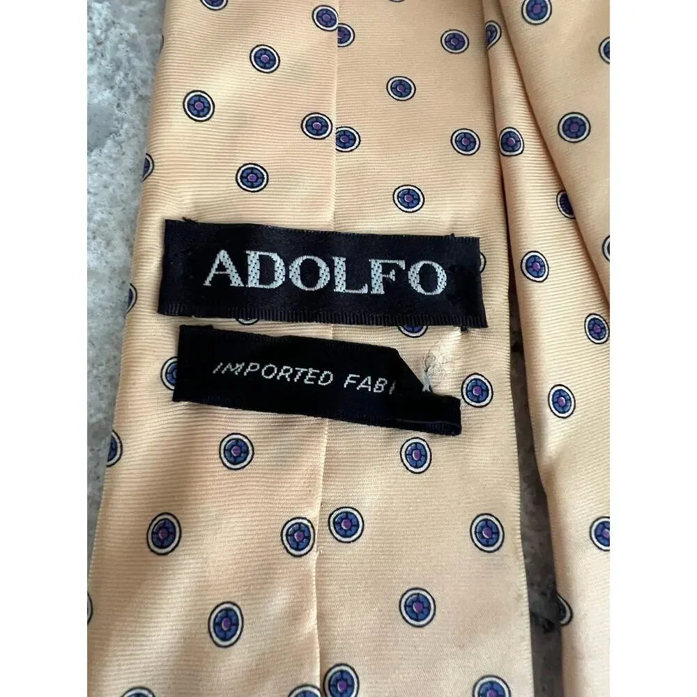 Vintage Adolfo 100% Imported Silk Men's Neck Tie Yellow w Blue Dots JL
